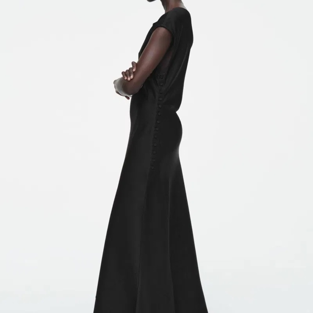 COS Elegant Satin Black Maxi Dress with Side Button Detail size 6